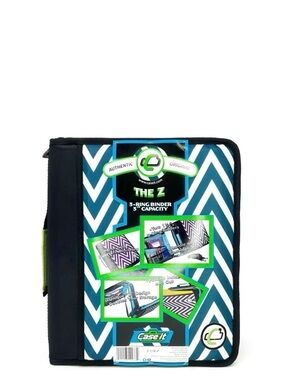 Case-It “The Z” Dual Three Ring Zip Binder Blue & White Chevron Handle Strap NWT